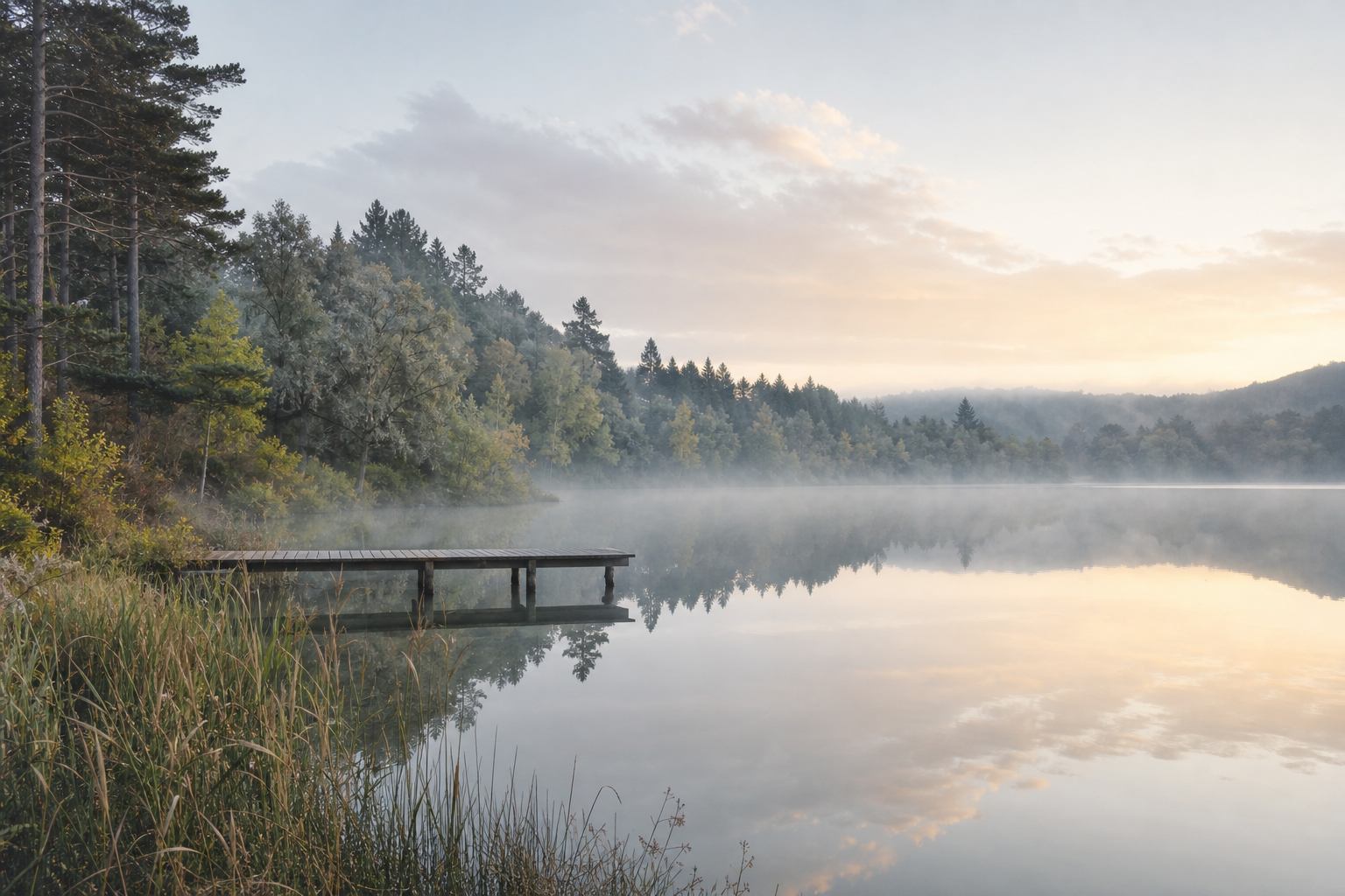 Ruhiger See in Mecklenburg mit Waldufer im Morgennebel